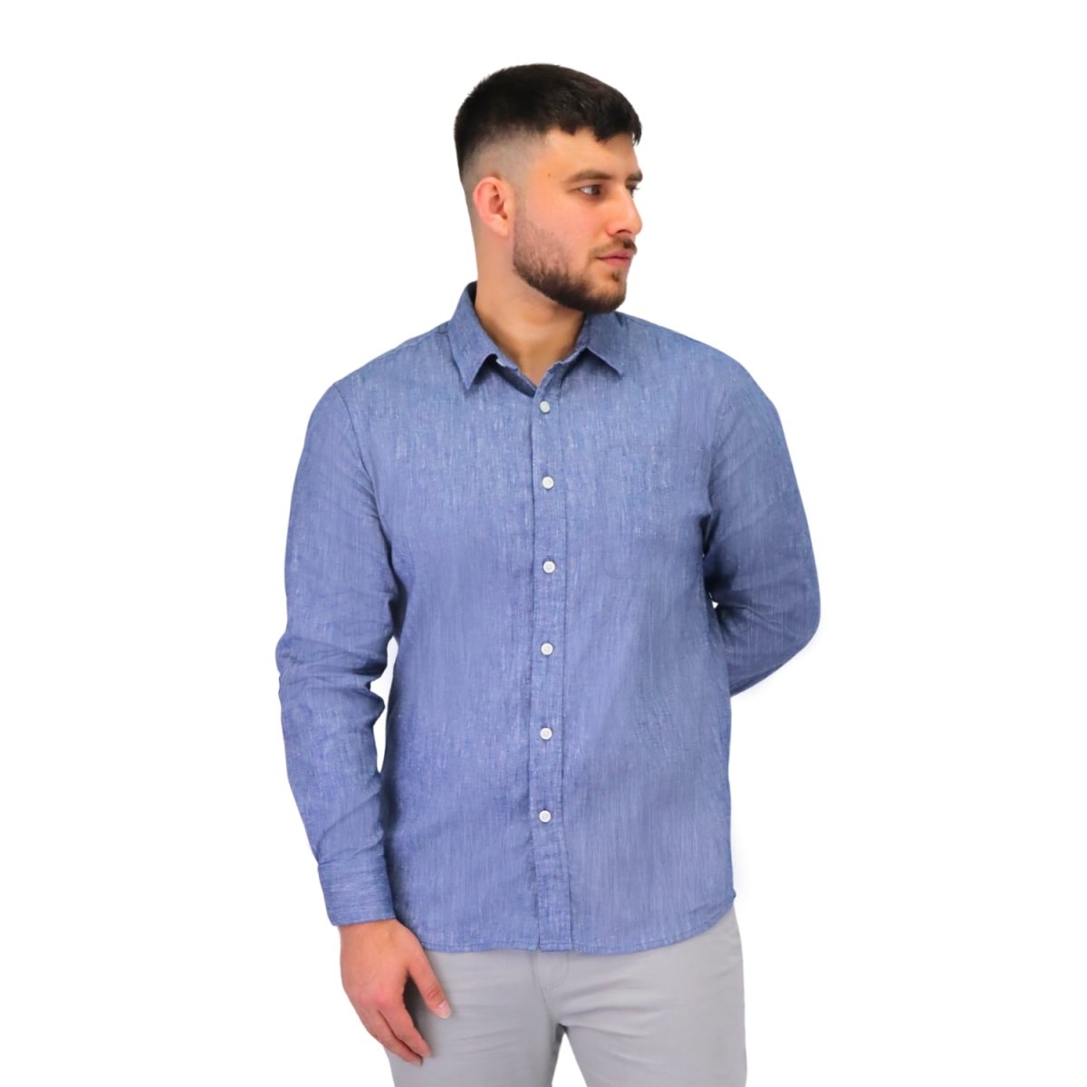 Men's Linen Long Sleeve Slim Fit Front Button Garment Wash Shirt - Giordano