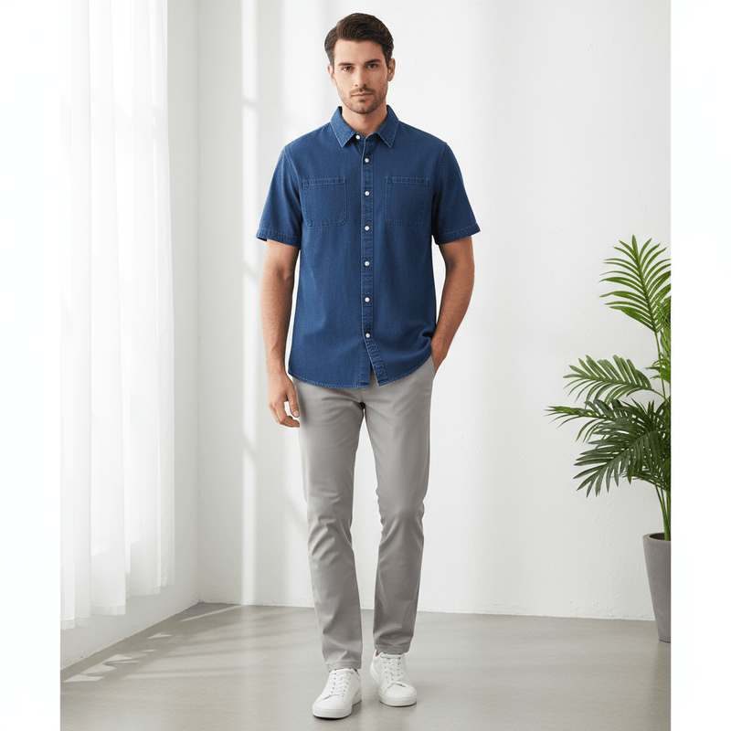Men's Loose Fit Short Sleeve Button - Front Denim Shirt | Online Exclusive S - Shop Giordano