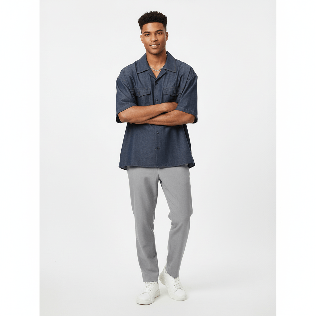 Men's Oversize Twill Shirt: Denim Look, Heavy Wash S - Shop Giordano