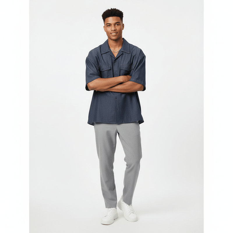 Men's Oversize Twill Shirt: Denim Look, Heavy Wash S - Shop Giordano