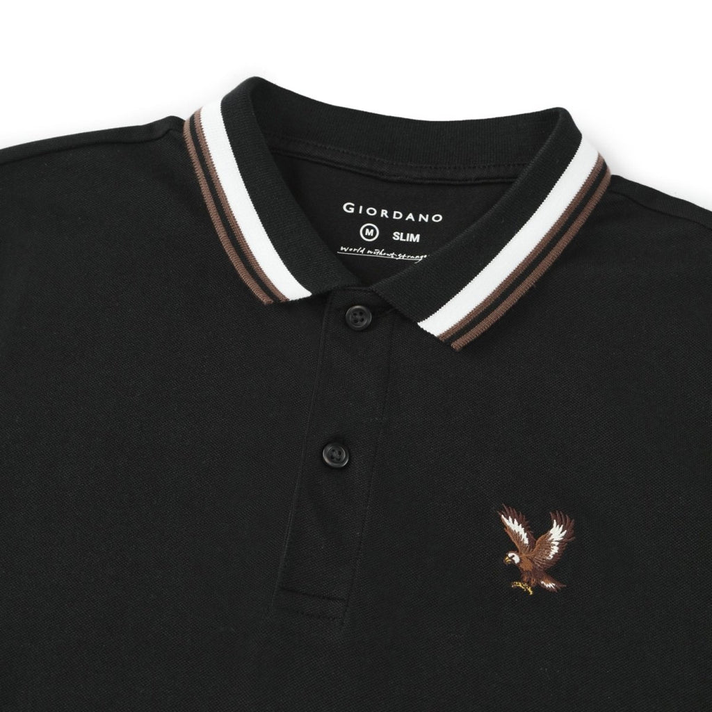 Giordano Men's Pique Flat Knit Collar Short Sleeve Eagle Embroidery Solid Color Polo - Premium polo