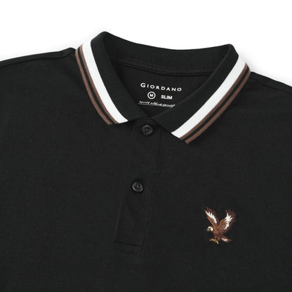 Men's Pique Flat Knit Collar Short Sleeve Eagle Embroidery Solid Color Polo - Giordano