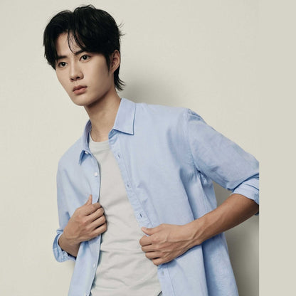 Men’S Regular Fit Linen - Cotton Poplin Long Sleeve Shirt | Korea Collection - Giordano