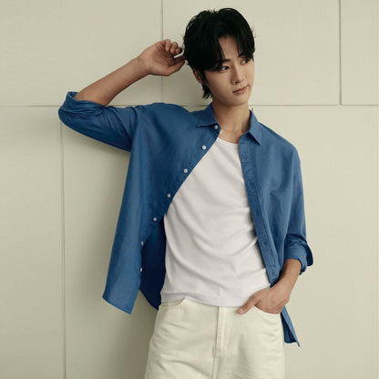 Men’S Regular Fit Linen - Cotton Poplin Long Sleeve Shirt | Korea Collection - Giordano