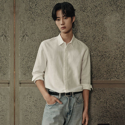Men’S Regular Fit Linen - Cotton Poplin Long Sleeve Shirt | Korea Collection - Giordano