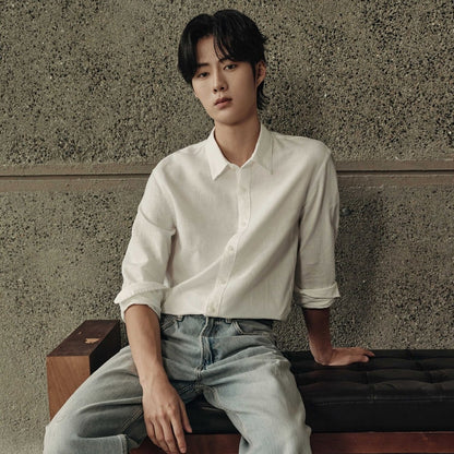 Men’S Regular Fit Linen - Cotton Poplin Long Sleeve Shirt | Korea Collection - Giordano
