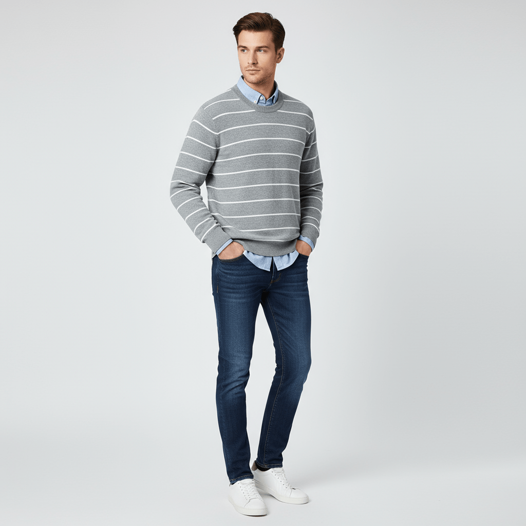Men's Relaxed Fit Striped Crew Neck Cotton Sweater S - Shop Giordano
