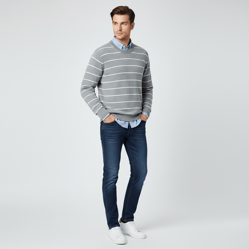 Men's Relaxed Fit Striped Crew Neck Cotton Sweater S - Shop Giordano