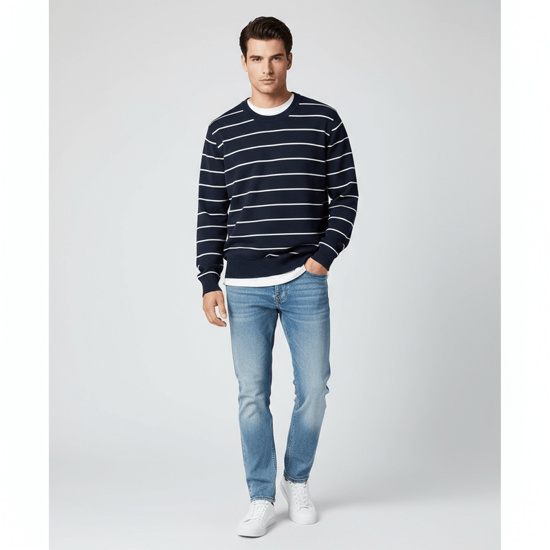 Men's Relaxed Fit Striped Crew Neck Cotton Sweater S - Shop Giordano