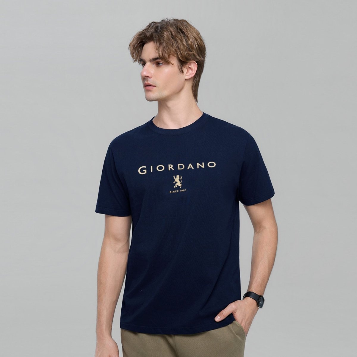 Men’S Slim Cotton Crew Neck Signature Print Tee S - Shop Giordano