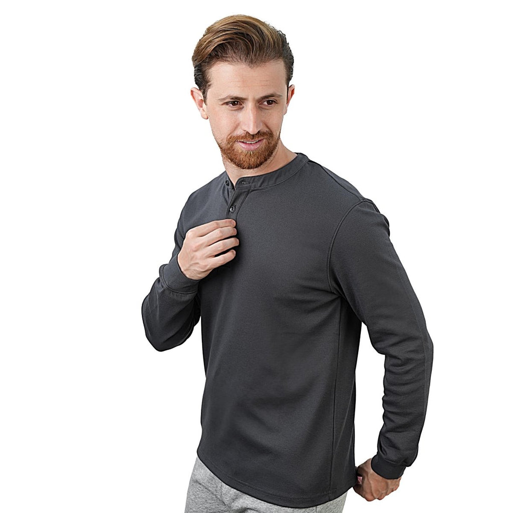 Men’S Slim Fit Waffle Henley Long Sleeve Button Tee S - Shop Giordano