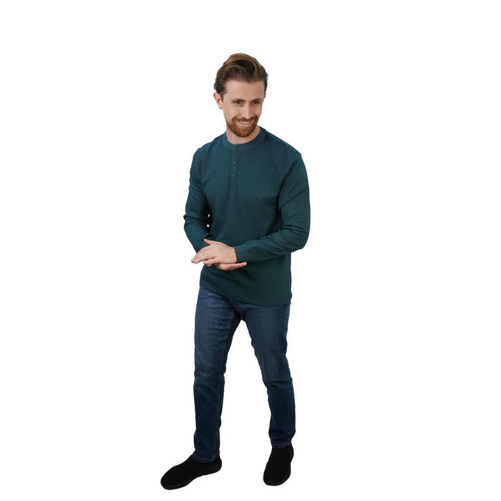 Giordano Men's Slim Fit Waffle Henley Long Sleeve Button Tee - Premium Tee