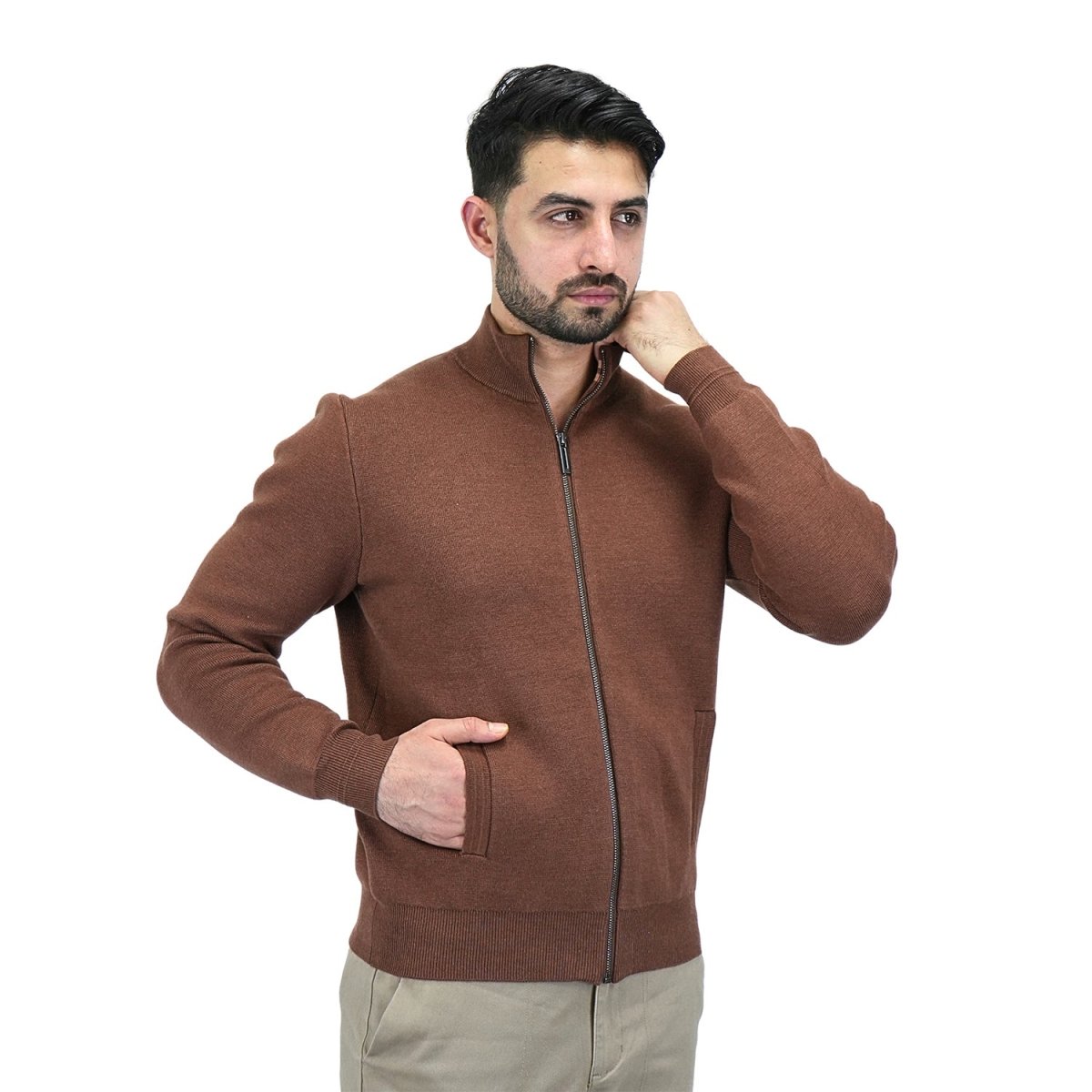Giordano Men's Texture Stitch Mock Neck Long Sleeve Full Zipper Cardigan - Premium Sweaters