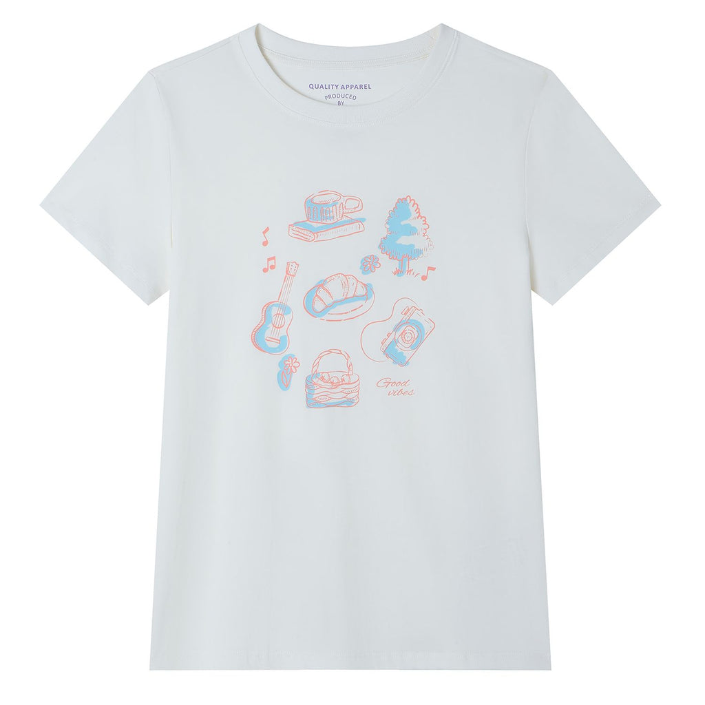 تيشيرت نسائي قطني مريح مطبوع برقبة دائرية