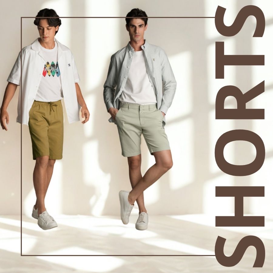 Two men wearing shorts with a 'SHORTS' text overlay on a plain background