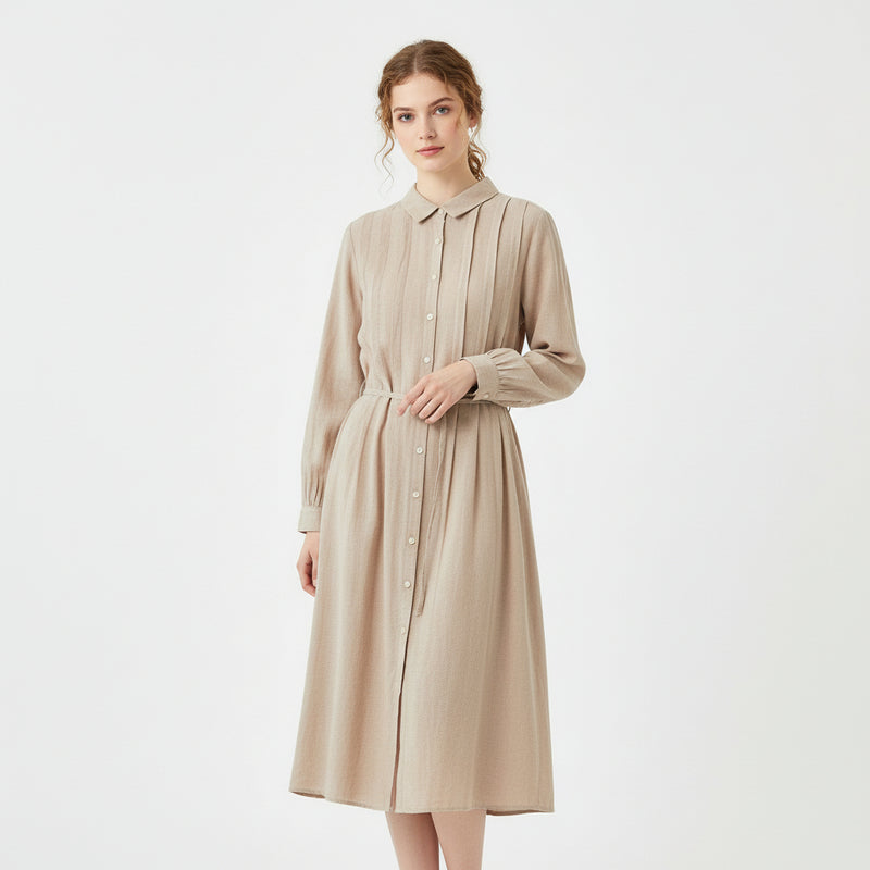 Giordano Women Linen-Cotton Poplin Belted Shirt Dress - Comfort Fit - Premium Dress