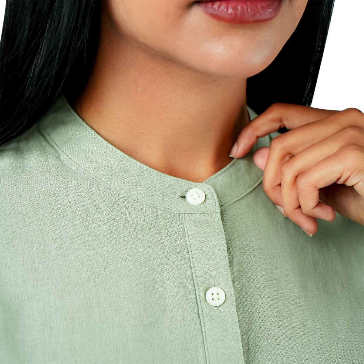 Women Premium Linen - Cotton Poplin Shirt Stand Collar, Garment Washed - Giordano