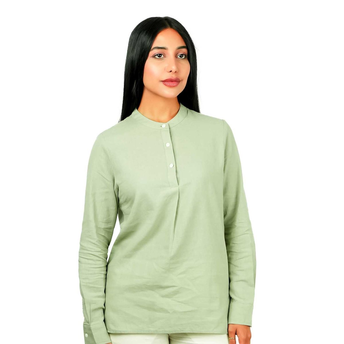 Women Premium Linen - Cotton Poplin Shirt Stand Collar, Garment Washed - Giordano