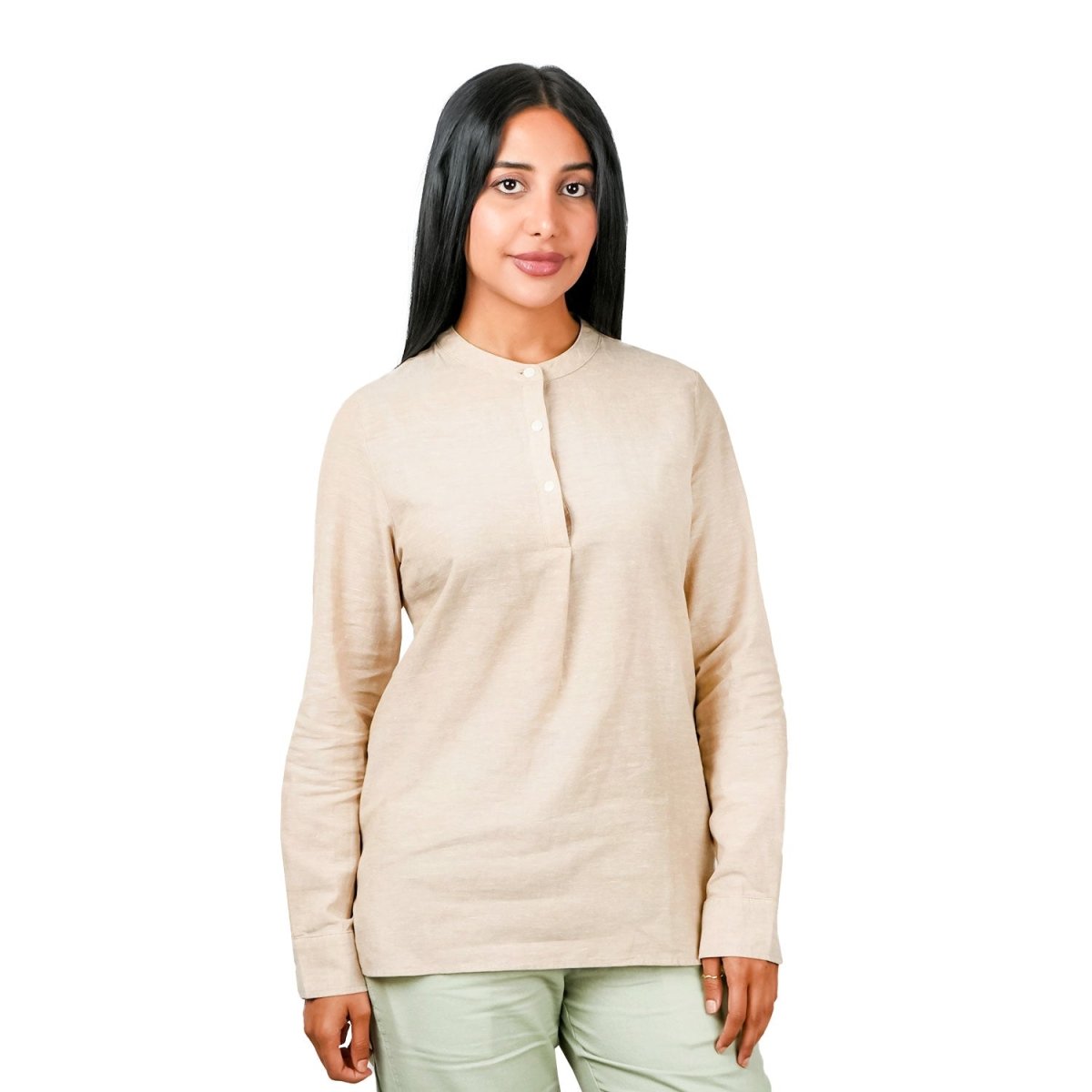 Women Premium Linen - Cotton Poplin Shirt Stand Collar, Garment Washed - Giordano