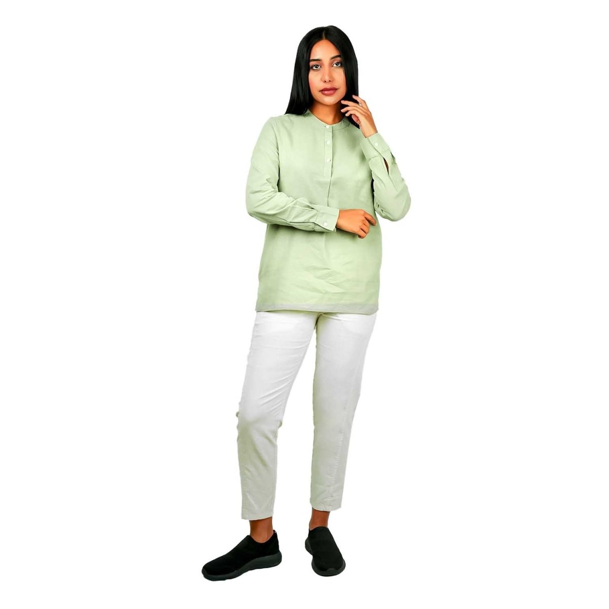 Women Premium Linen - Cotton Poplin Shirt Stand Collar, Garment Washed - Giordano