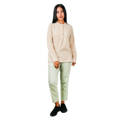 Women Premium Linen - Cotton Poplin Shirt Stand Collar, Garment Washed - Giordano