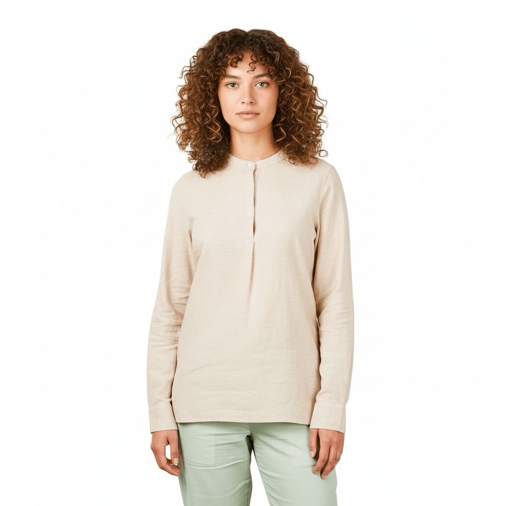 Women Premium Linen - Cotton Poplin Shirt Stand Collar, Garment Washed S - Shop Giordano