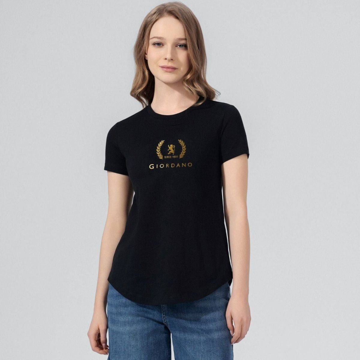 Giordano Women's Cotton Jersey Crew Neck Logo Print Tee - Premium Print Tee