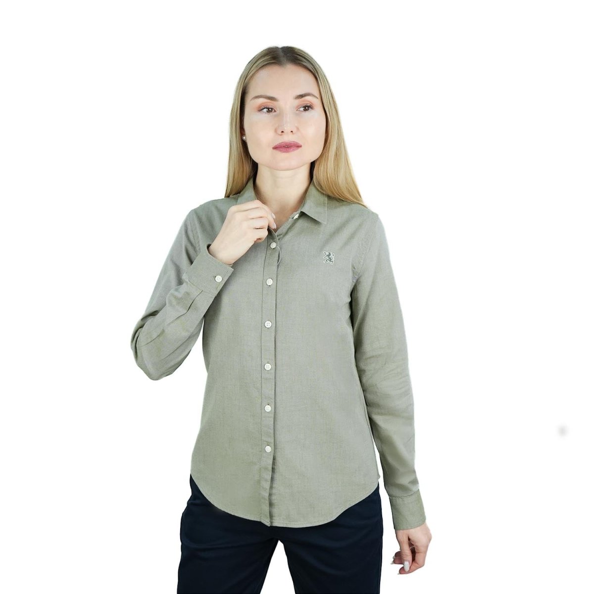 Women's Cotton Oxford Slim Fit Shirt With Lion Embroidery Green