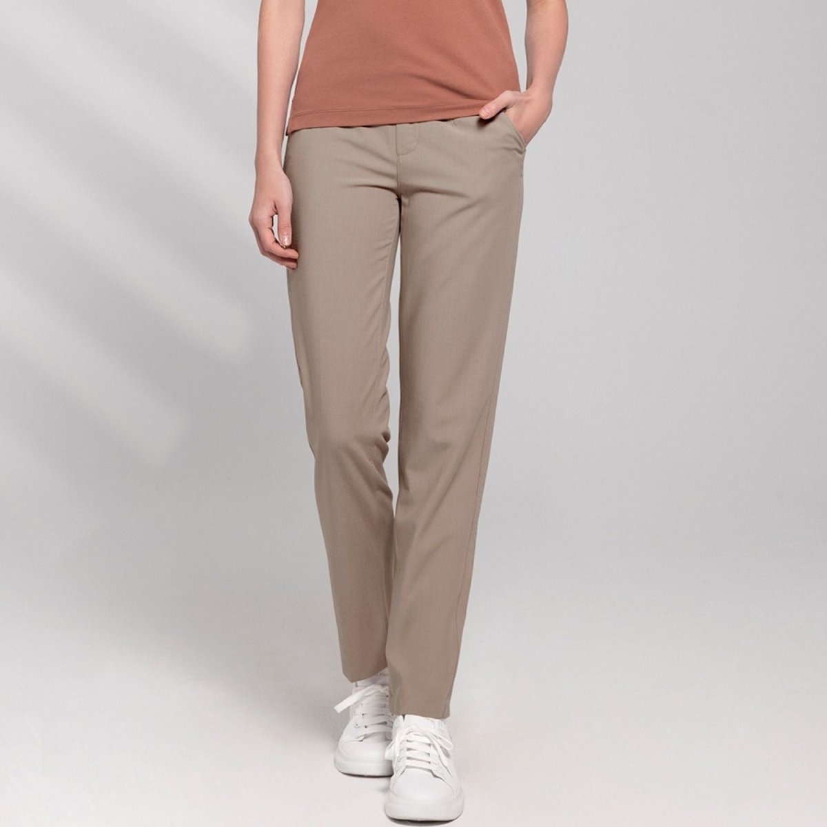 Women's High - Waist Tapered Suiting Pants - Mélange Light Mocha Elastic Waist - Giordano