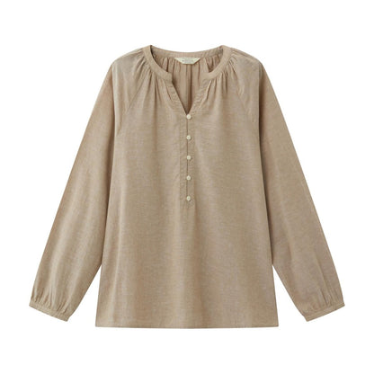Women's Linen - Cotton Poplin V - Neck Long Sleeve Shirt - Giordano
