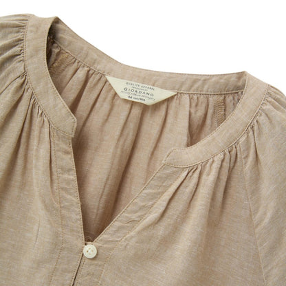 Women's Linen - Cotton Poplin V - Neck Long Sleeve Shirt - Giordano