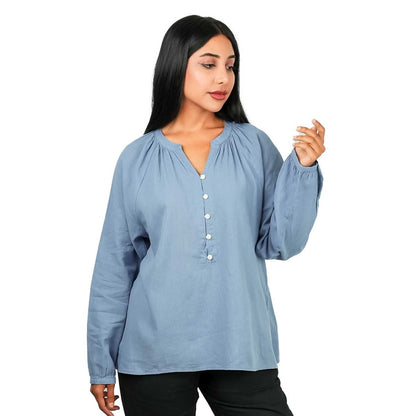Women's Linen - Cotton Poplin V - Neck Long Sleeve Shirt - Giordano