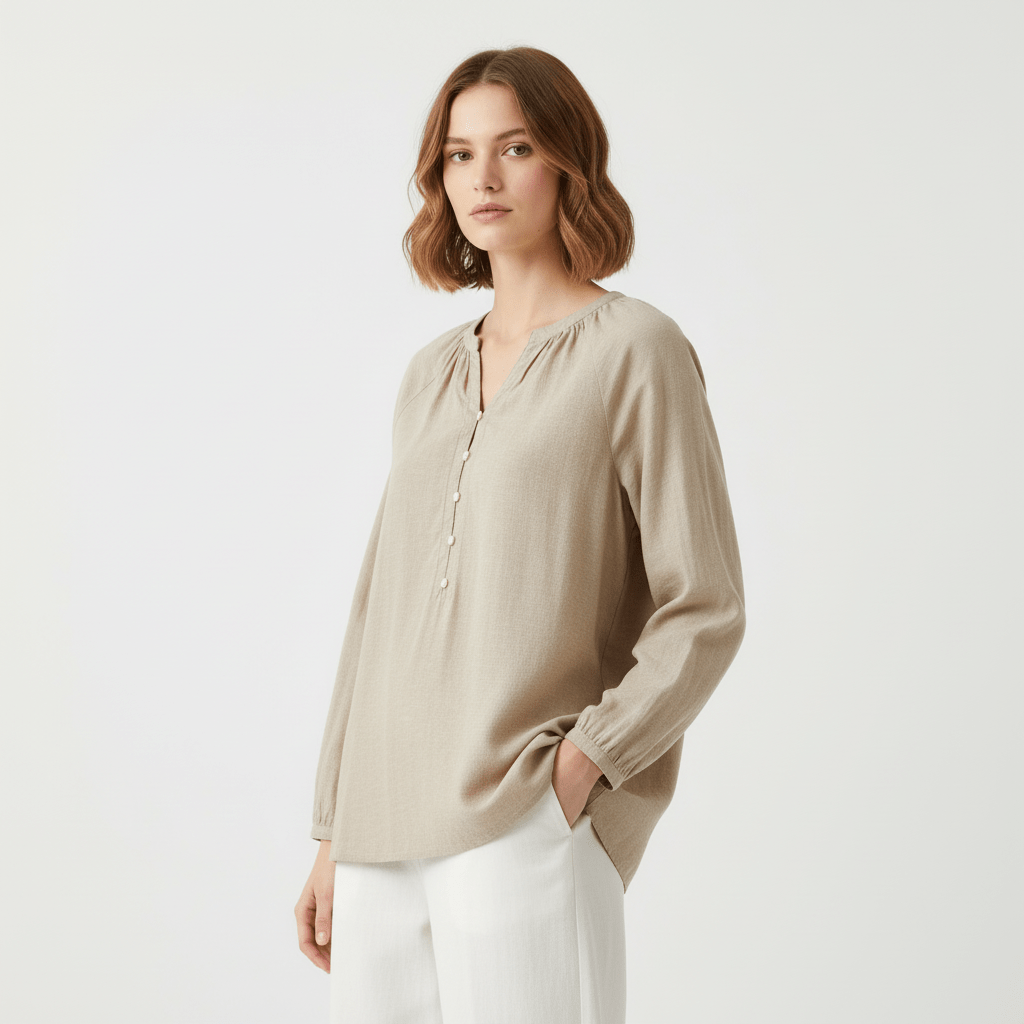 Women's Linen - Cotton Poplin V - Neck Long Sleeve Shirt S - Shop Giordano