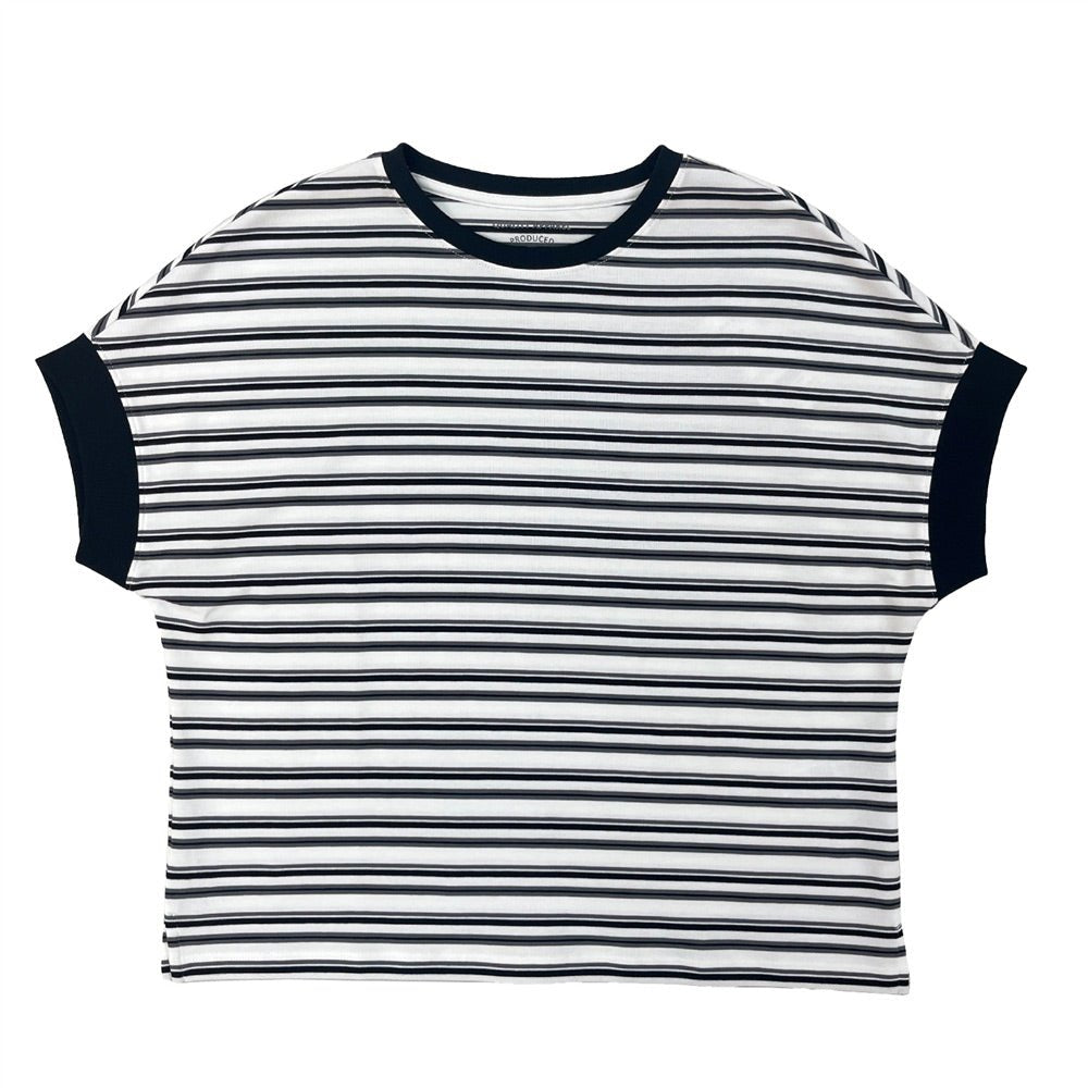 Giordano Women Loose Fit Cotton-Blend Striped Interlock Crew Neck Tee - Premium Tee