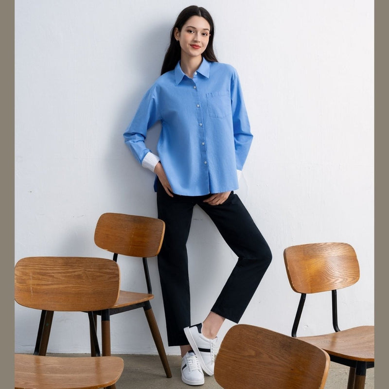 Women's Loose Fit Shirt: Oxford Fabric, Long Sleeve S - Shop Giordano